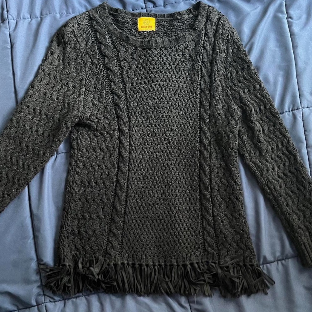 Ruby Rd. Charcoal Cable Knit Sweater with Fringe